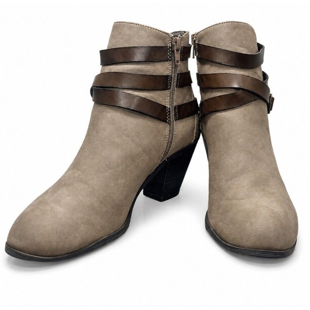 Women’s 8.5 Taupe Brown Ankle Booties Wrap Strap Block Heel Side Zip Boho